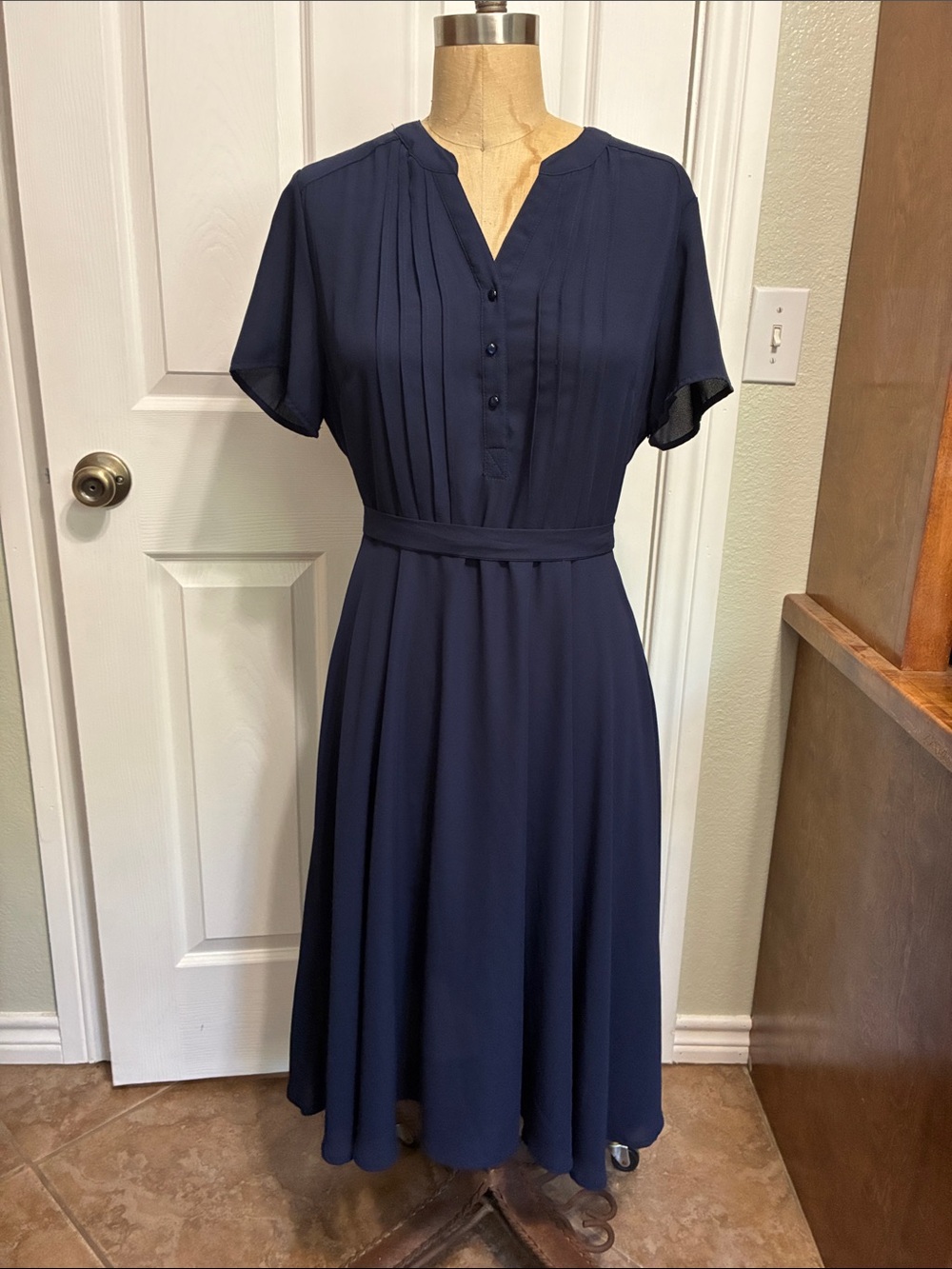 dip Navy Pleated V-Neck Midi Dress